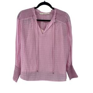 Marie Oliver Smocked Long Sleeve Tie Neck Layered Silk Blend Top Pink Size Small